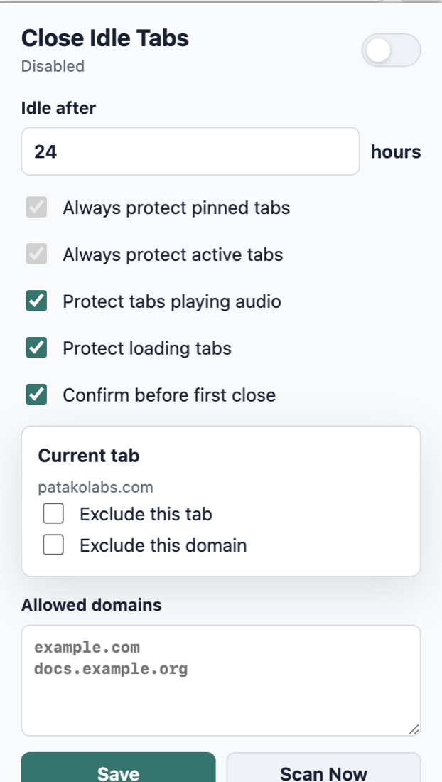 Close Idle Tabs popup showing idle threshold and protection settings