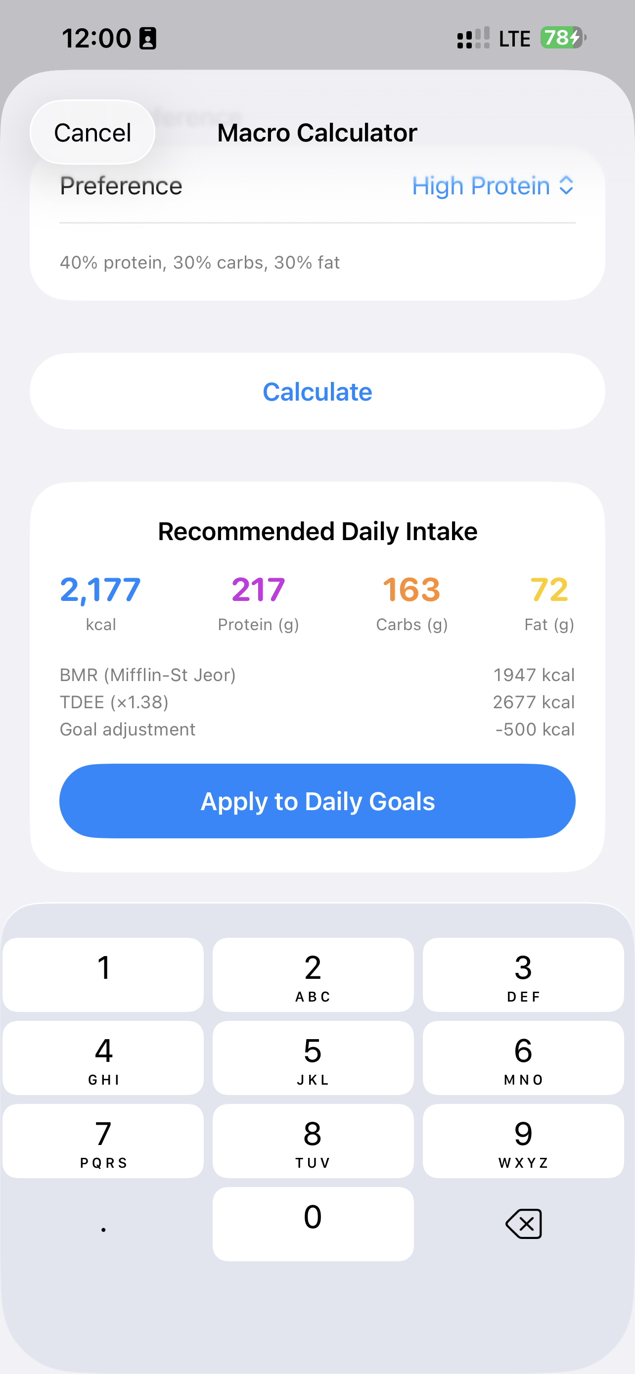 Your recommended daily intake with a breakdown of calories, protein, carbs, and fat