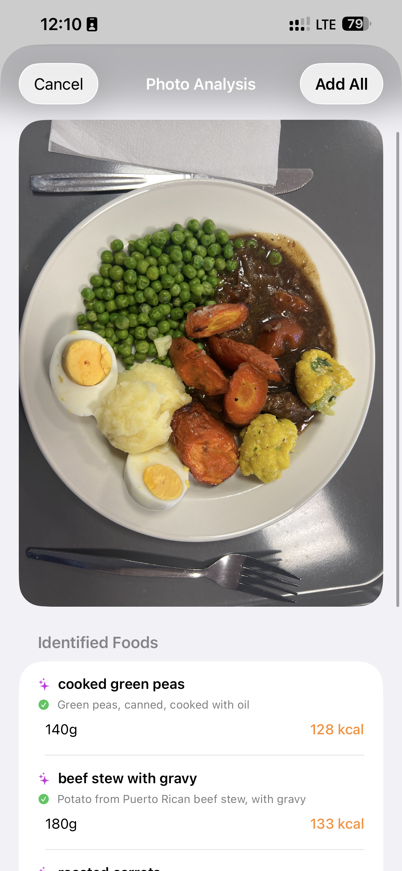 AI Photo Analysis — the app identifies foods in your meal photo